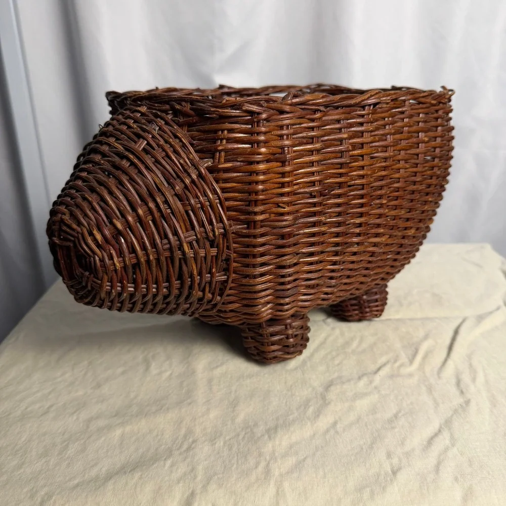 VTG Wicker Rattan Pig Basket Planter Bowl Folk Art Farmhouse Rustic Decor Gift